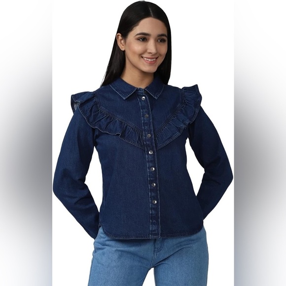 American Eagle - Oversized Dark Denim Button Down Ruffle Western Shirt Size M - Picture 1 of 13